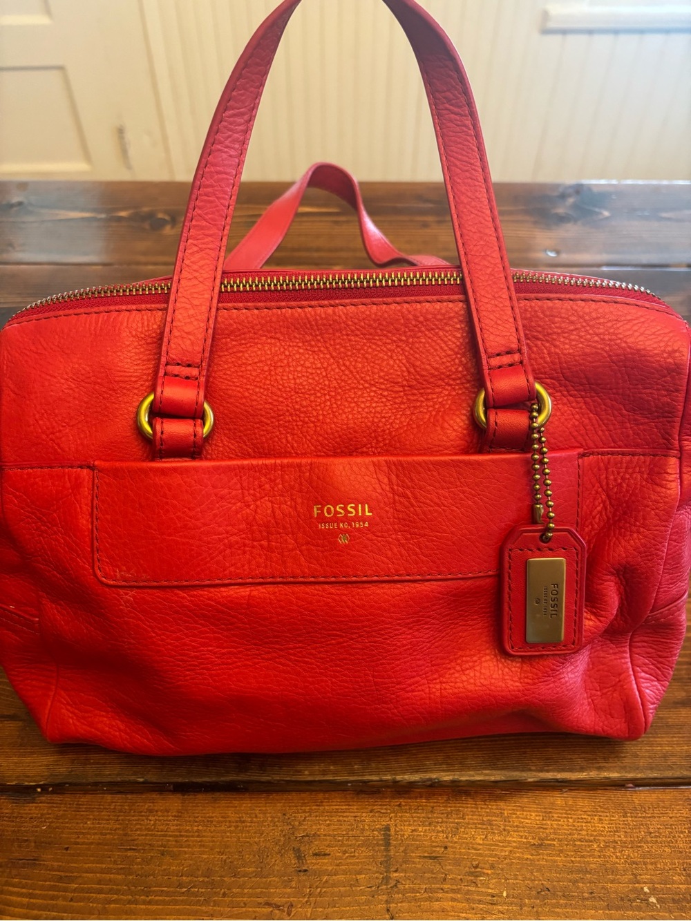 Fossil Red Leather Satchel with Gold Hardware